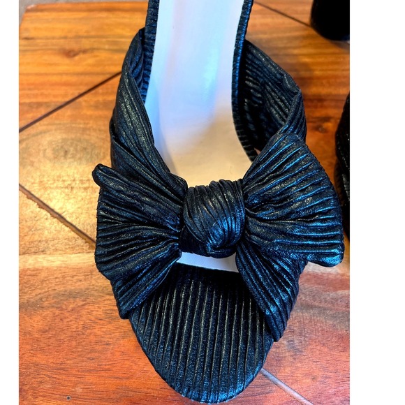 Venus Black Pleated Bow Mule Heels Block Heel Slide Sandals Womens 9.5 - Picture 3 of 13